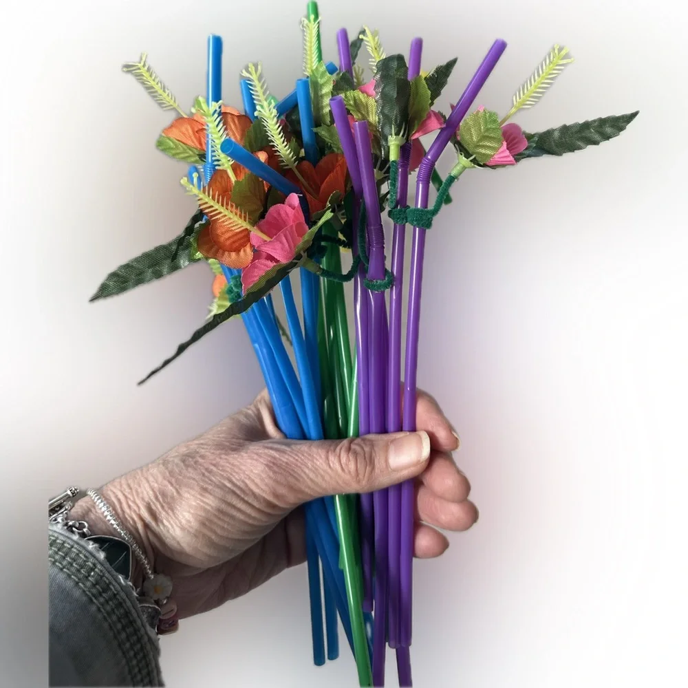 FLORAL FLOWER DECOR STRAWS LUAU HULA TEA DINNER BRUNCH PARTY DRINK BEVERAGE PINK